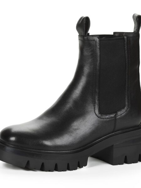 Черные ботинки челси из кожи на подкладке из натуральной шерсти на тракторной подошве с квадратным каблуком