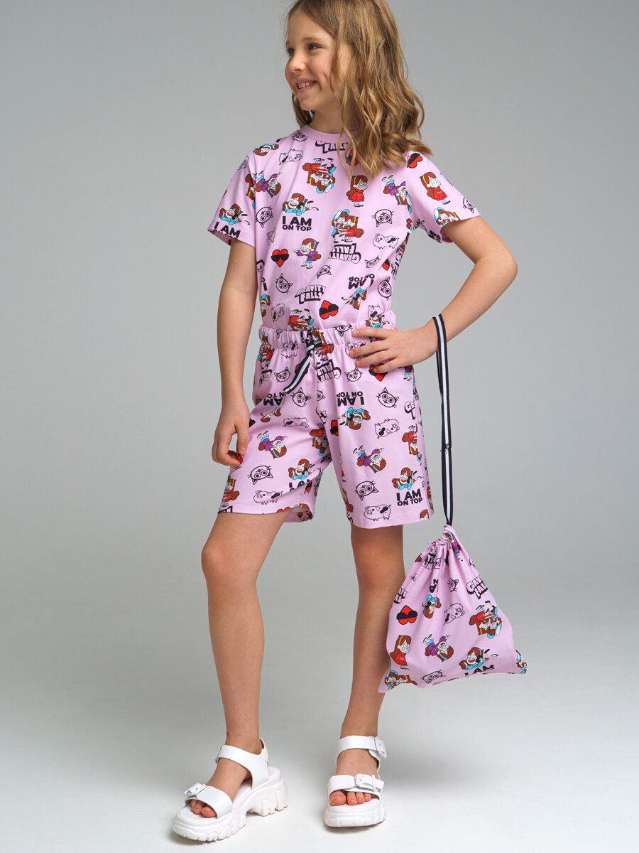 Комплект с принтом Gravity Falls для девочки: футболка, шорты, мешочек
