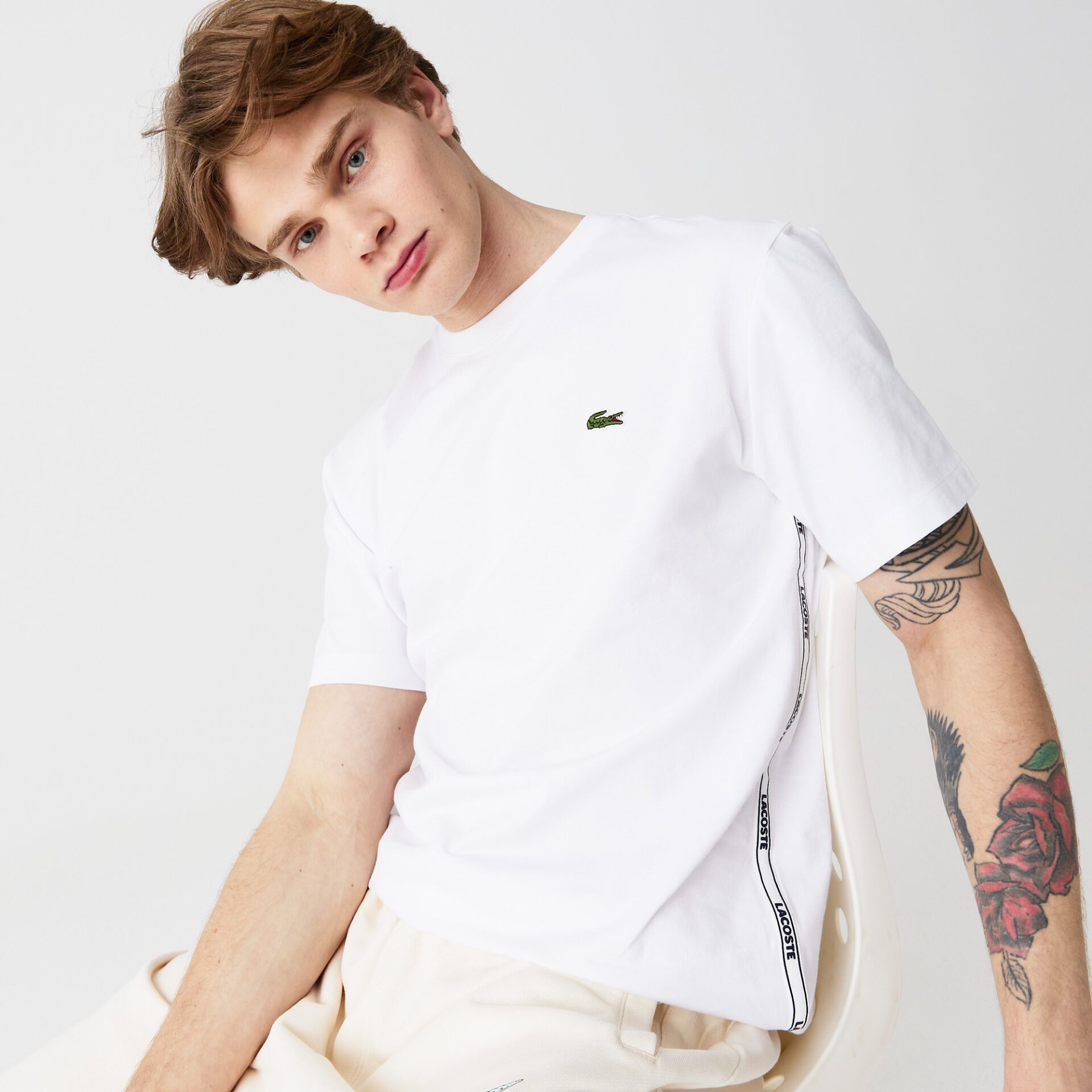 Мужская Хлопковая футболка Lacoste с круглым вырезом и фирменными полосами