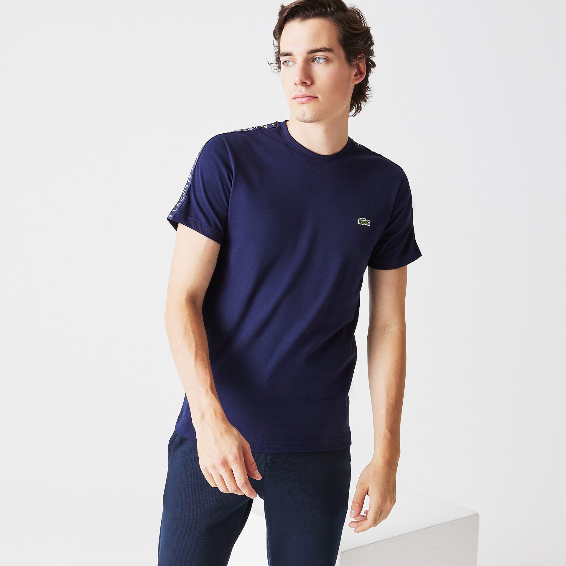 Мужская полосатая хлопковая футболка Lacoste с круглым вырезом