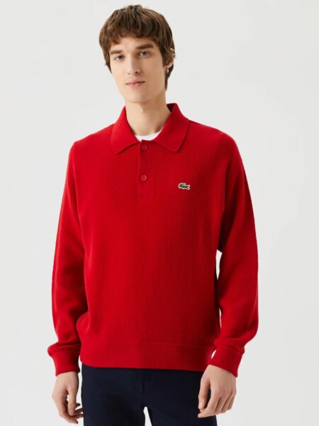 Мужской шерстяной свитер Lacoste свободного кроя с воротником рубашки поло