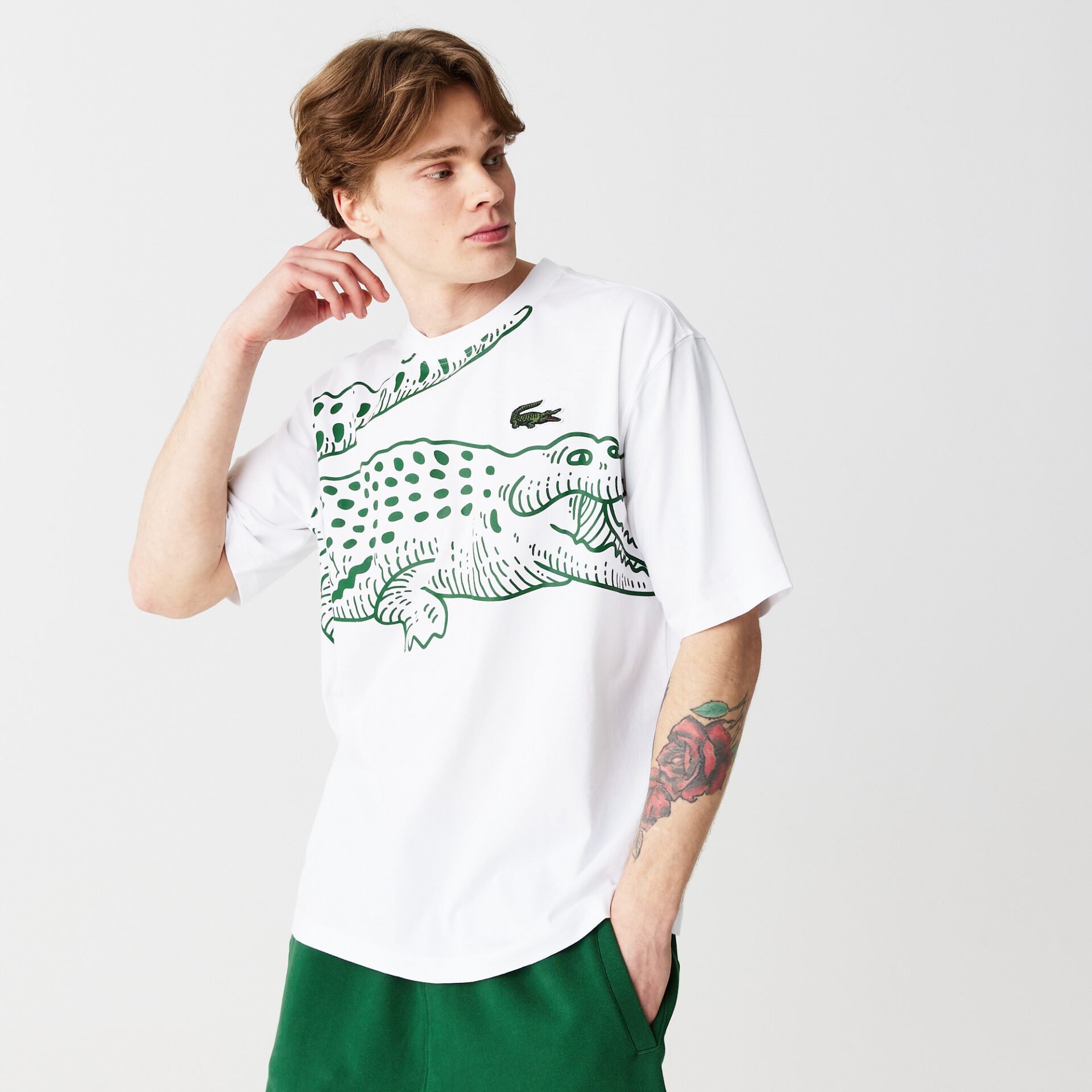 Свободная мужская футболка Lacoste с круглым вырезом и принтом