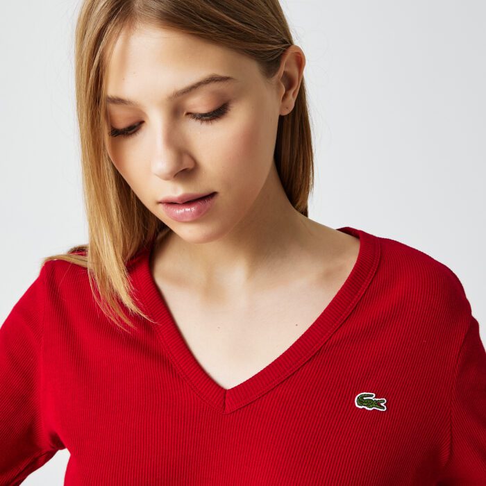 Женская футболка из хлопка Lacoste с v-образным вырезом