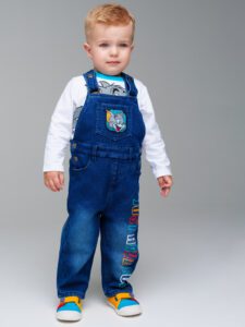 Полукомбинезон детский текстильный джинсовый утепленный флисом для мальчиков