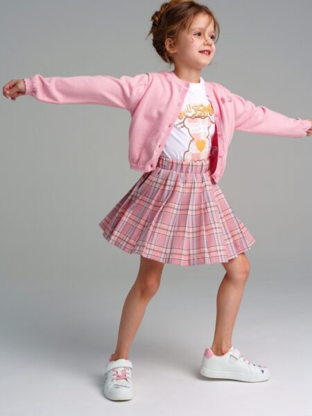 Комплект для девочек: кардиган трикотажный, фуфайка (футболка) трикотажная, юбка текстильная