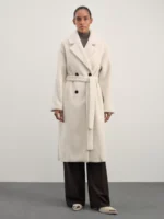 Пальто женское двубортное из искусственного меха с поясом